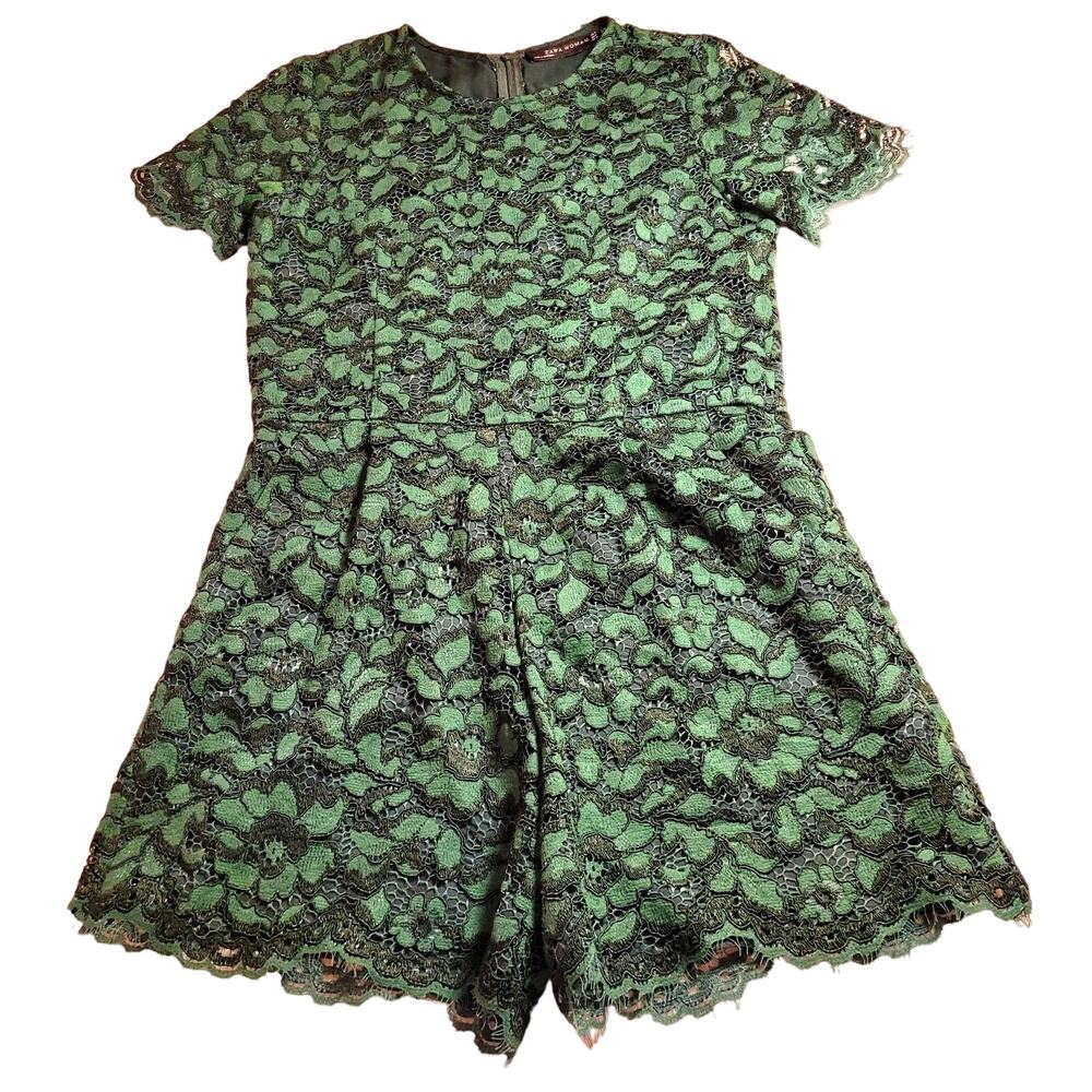 Zara Romper Jumpsuit Shorts M Lace Dark Green Lined SS Pockets Boho Fairy